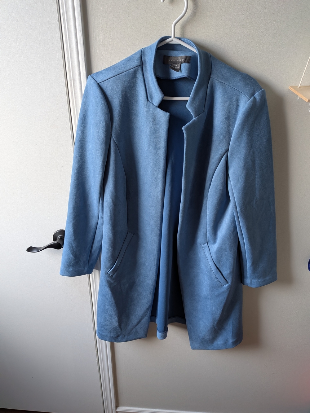 Suzy Shier Dusty Blue Collarless Trench Coat